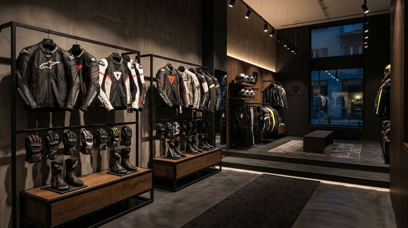 Armored riding jackets, gloves, and biker accessories on display